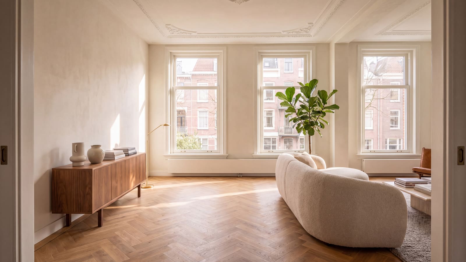 Gerenoveerde woonkamer in een Amsterdams herenhuis met stucplafond, visgraatvloer en een bouclé bank in het middaglicht
