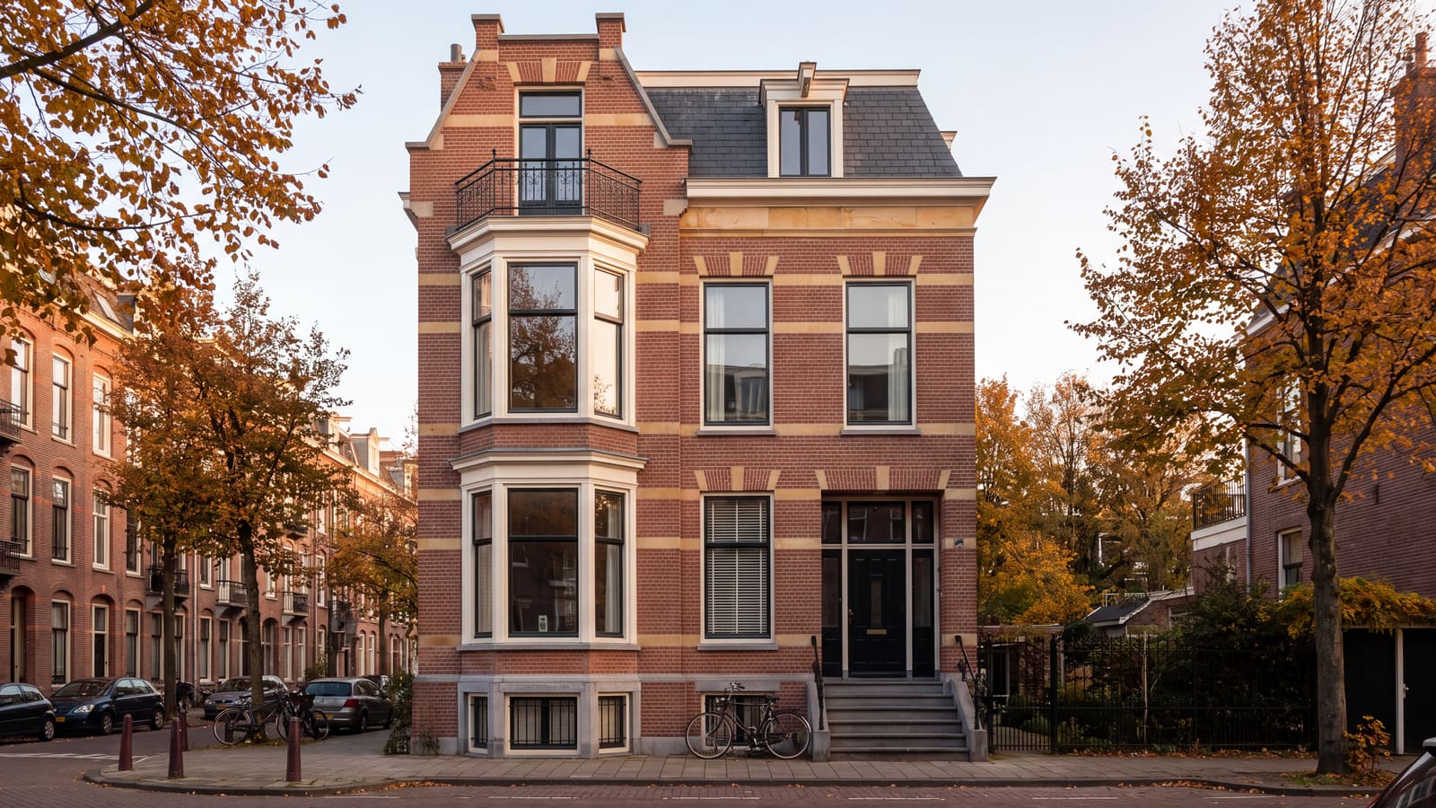 Gevel van een gerestaureerd herenhuis in Oud-Zuid met erkers, natuurstenen banden en een stoep van blauwe hardsteen