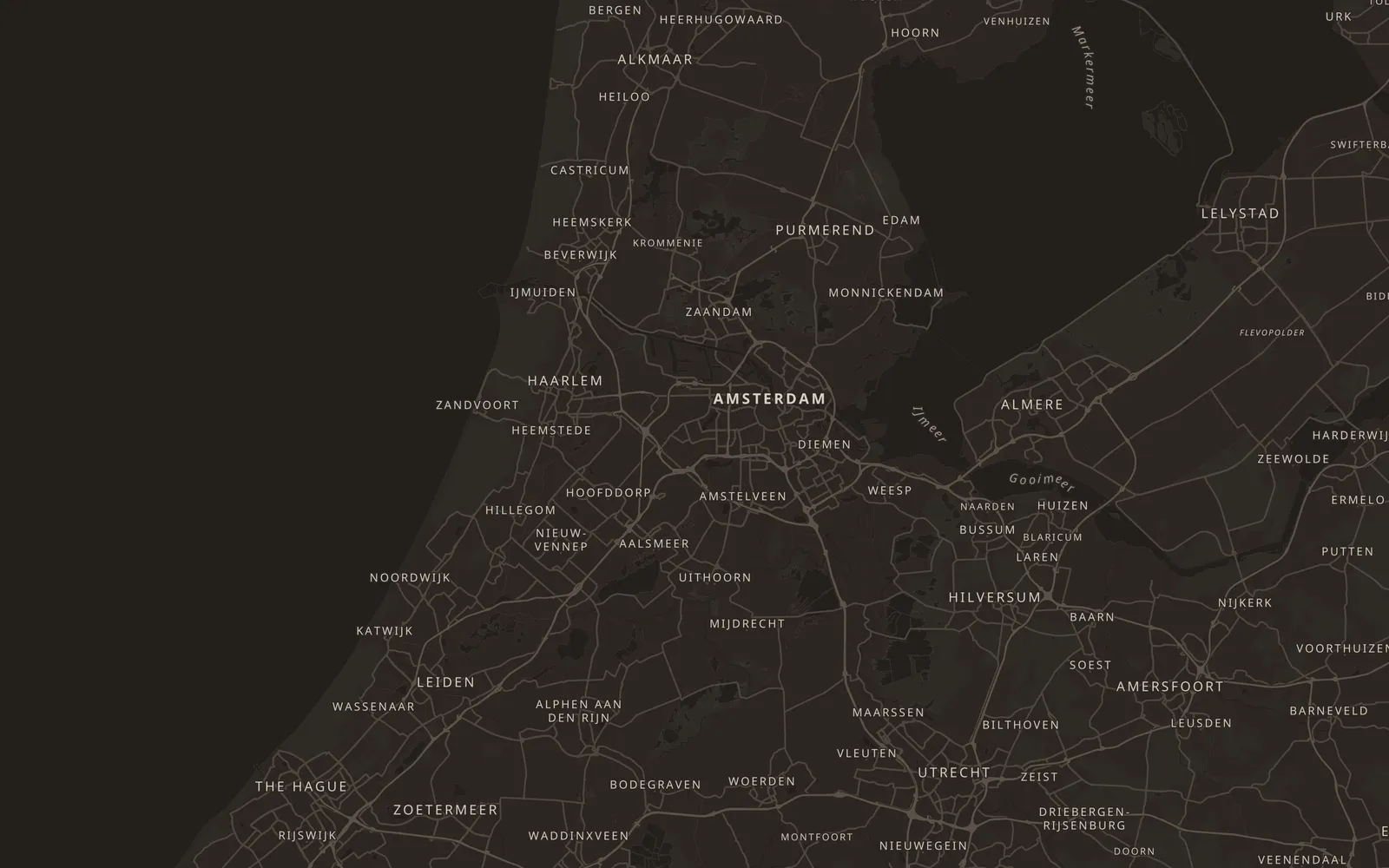 Kaart van Amsterdam en omgeving met het werkgebied van Vulpes: een straal van ongeveer dertig kilometer rond de stad